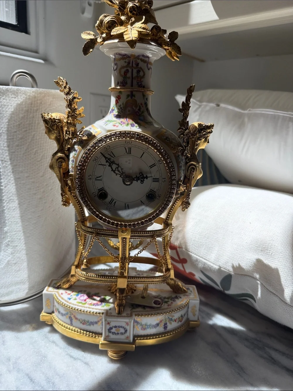 Marie Antoinette Ornate Gold and White Floral Mantel Clock by